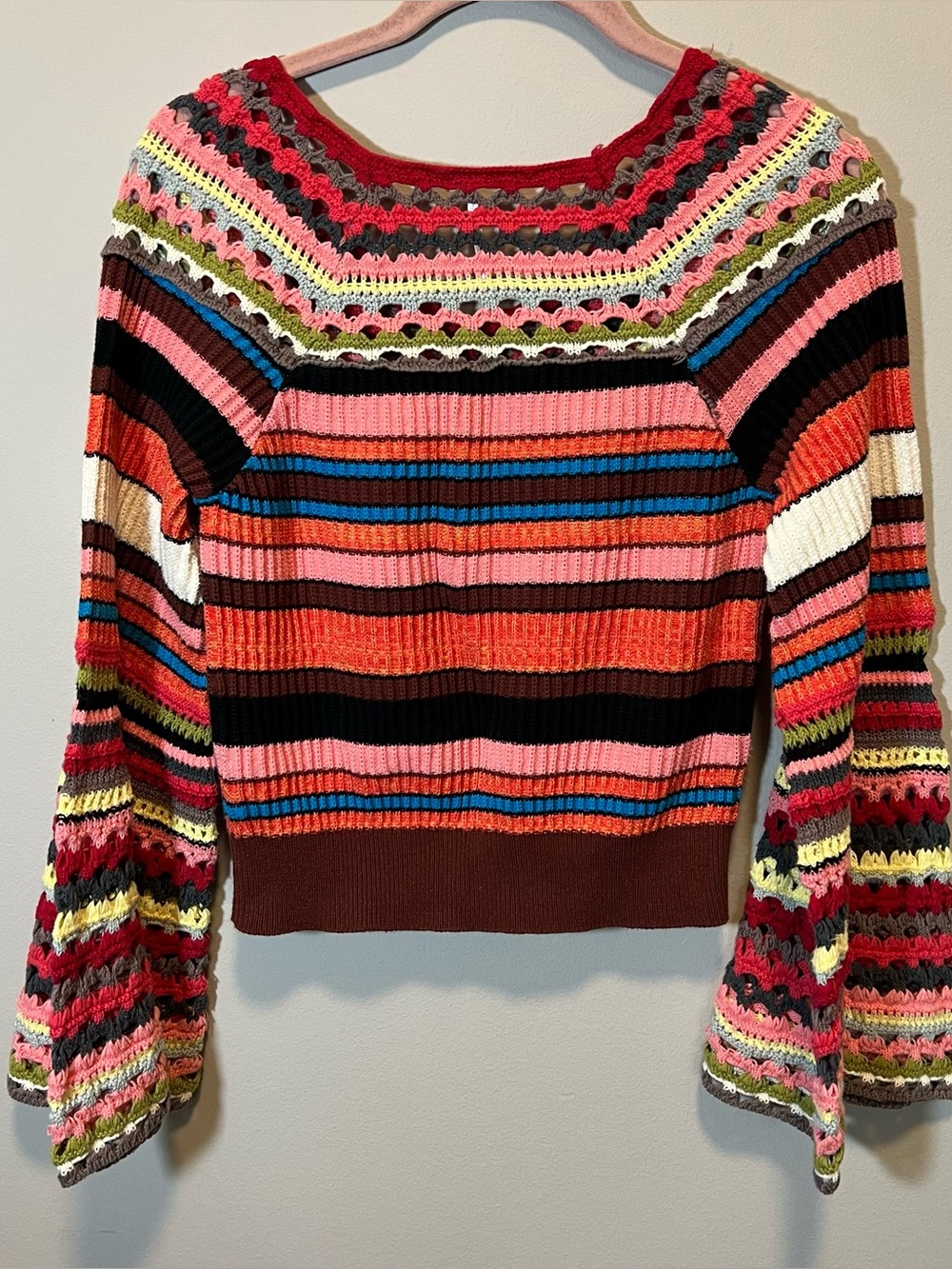 Free People Heart and Soul Multicolor Crochet Striped Sweater Boho Flare Medium - Picture 9 of 11